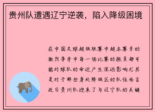 贵州队遭遇辽宁逆袭，陷入降级困境