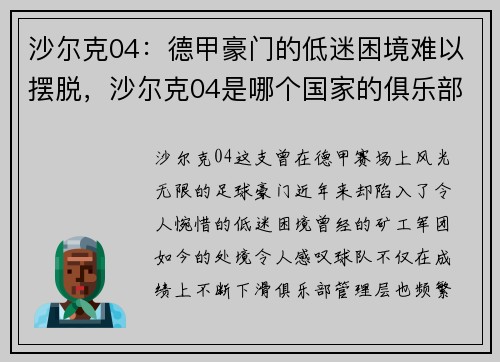 沙尔克04：德甲豪门的低迷困境难以摆脱，沙尔克04是哪个国家的俱乐部