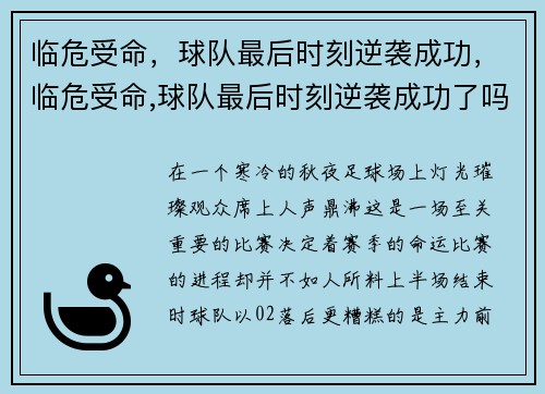 临危受命，球队最后时刻逆袭成功，临危受命,球队最后时刻逆袭成功了吗