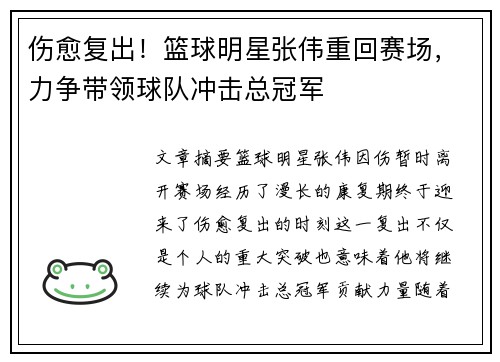 伤愈复出！篮球明星张伟重回赛场，力争带领球队冲击总冠军